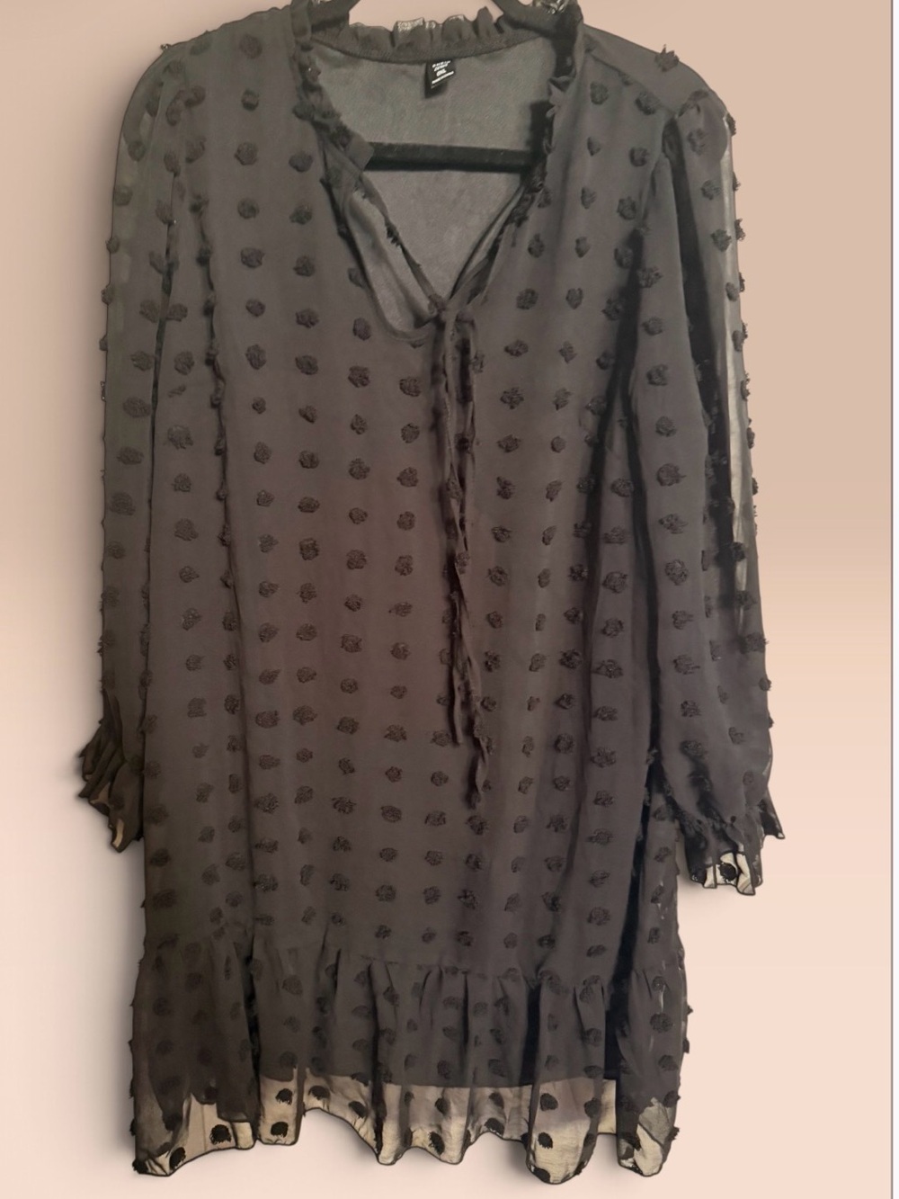 Women's Black Textured Chiffon Dress with Tie Neck